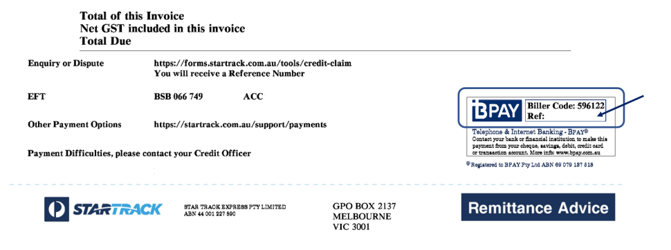 Screen shot of a Tax Invoice/Statement showing the BPAY options. An arrow is pointing at ‘Ref:’ to indicate where to find the reference number. The BSB is 066 749.