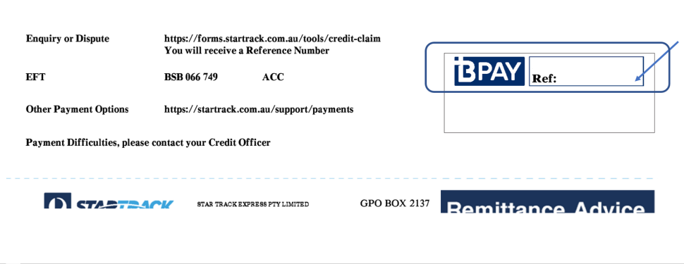 Screen shot of a Tax Invoice/Statement showing the BPAY options. The biller code: 596122. An arrow is pointing at ‘Ref:’ to indicate where to find the reference number. 
