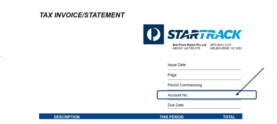 Screen shot of part of a StarTrack Tax Invoice/Statement. The Account No. section is highlighted and has an arrow directed at it to indicate this is where to find the account number. 