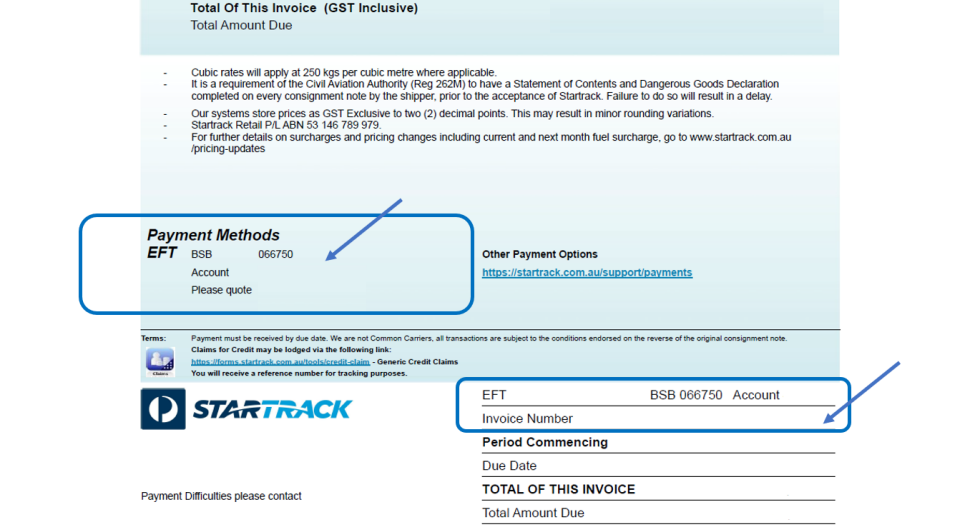 Screen shot of part of a StarTrack Tax Invoice/Statement. The Account No. section is highlighted and has an arrow directed at it to indicate this is where to find the account number. 